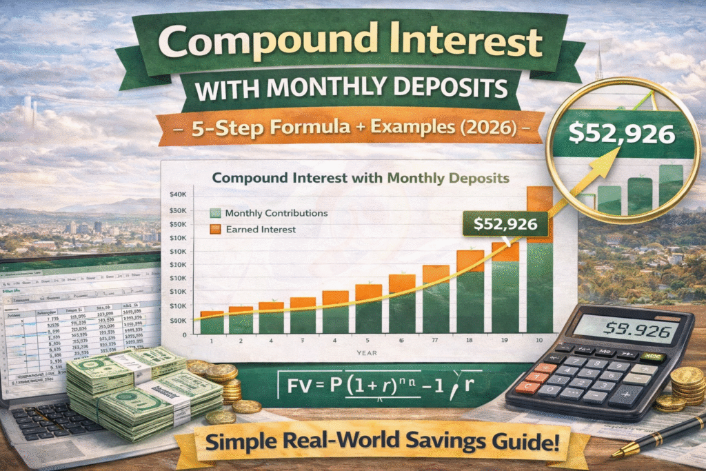 compound interest with monthly deposits chart showing growth over time with monthly contributions