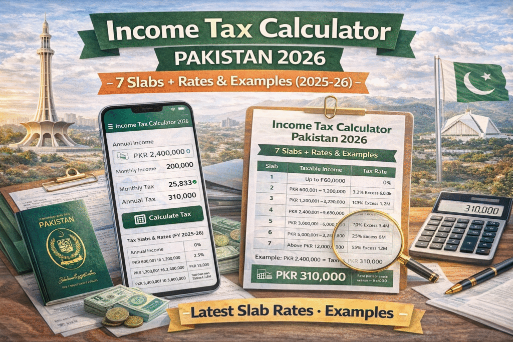 income tax calculator Pakistan 2026 showing slabs, rates and examples for tax year 2026