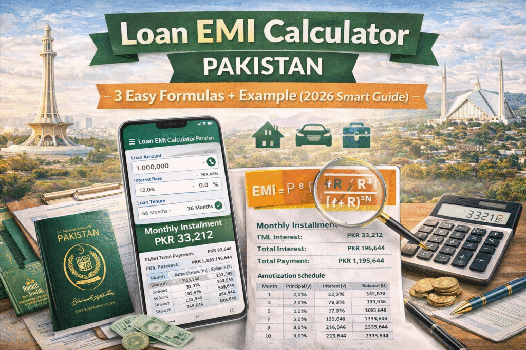 loan EMI calculator Pakistan showing monthly installment formula and amortization schedule